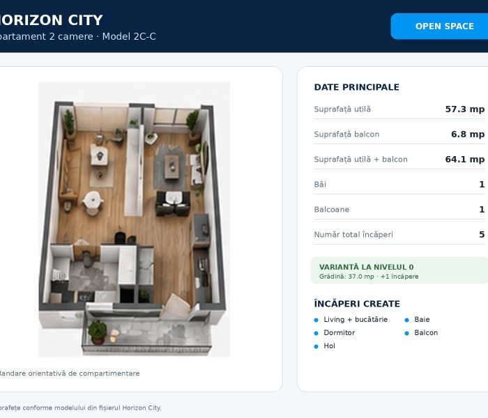 Apartament 2 camere de vanzare open space , 58 mp, Bucuresti Nord, Pipera